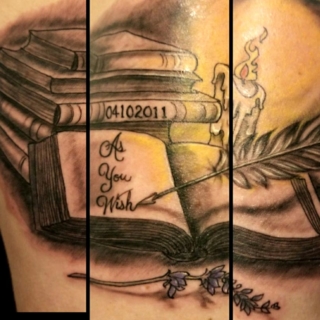 Tattoo: stack of books, candle with words 