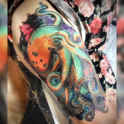 Stunning watercolor style tattoo of an octopus
