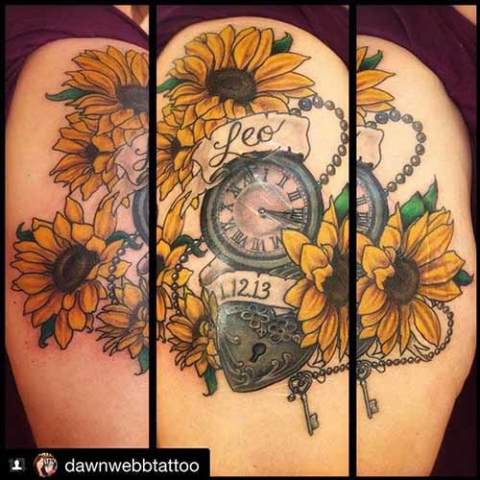 Tattoo: antique pocket watch with yellow flowers