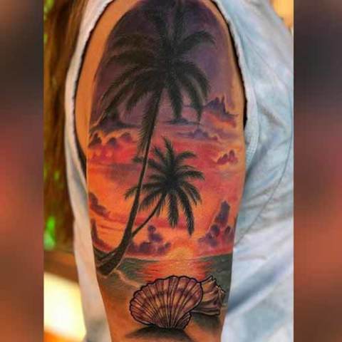 Tattoo: peaceful, colorful sunset with palm trees and shell