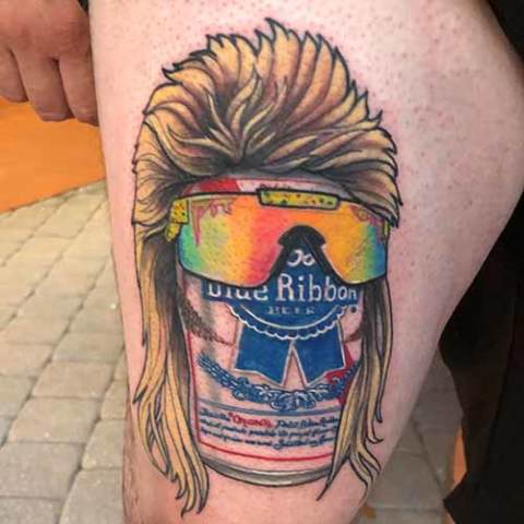 Tattoo: Pabst Blue Ribbon beer can with a mullet and Oakley shades